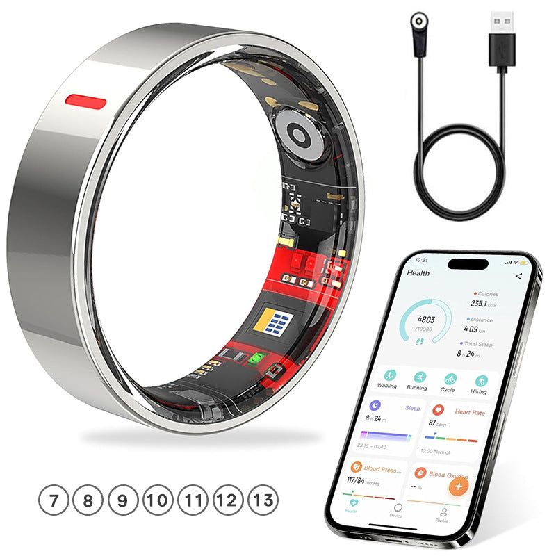 Black screen free smart tracking ring with inner optical sensors and a polished band