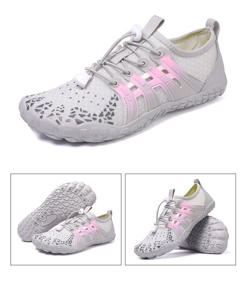 A black and rose red angled pair of barefoot water shoes for river tracing, yoga and the beach (2)