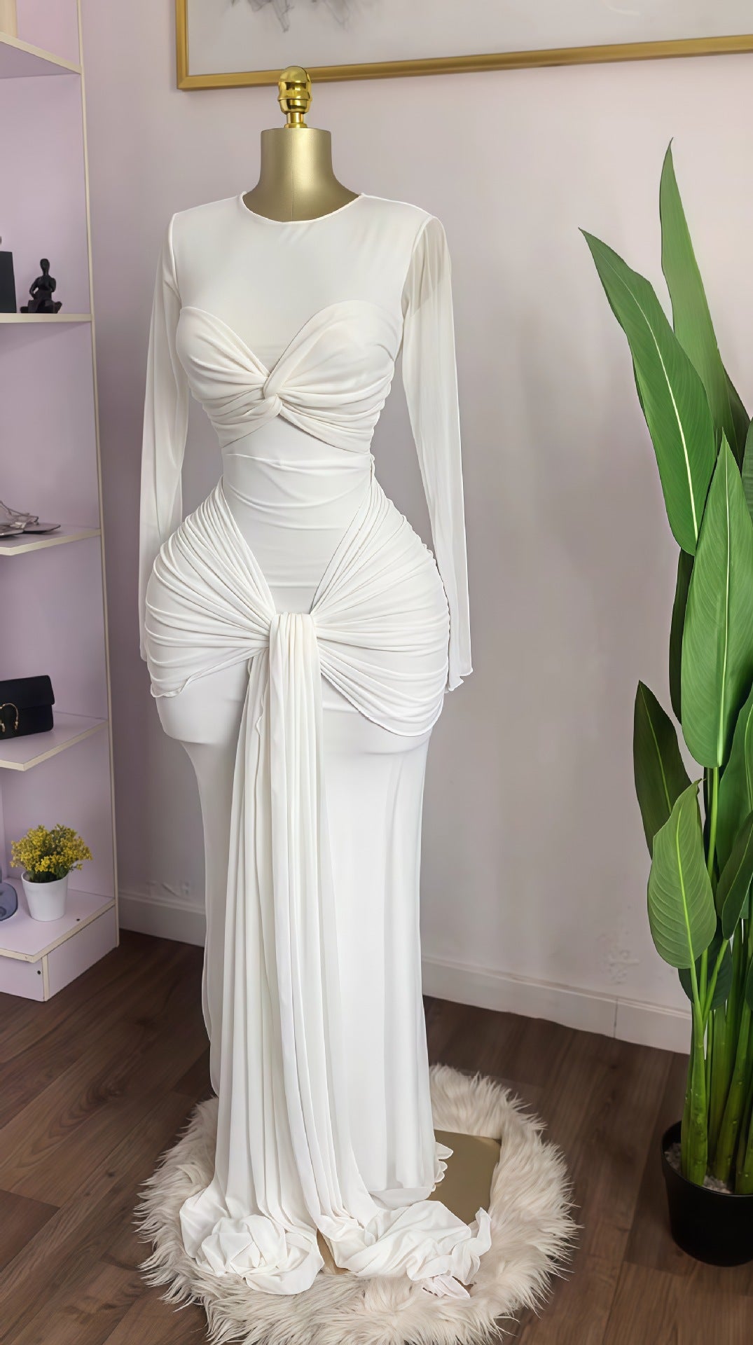 White long sleeve maxi dress with twisted bust and draped front tie, white color, size XL option photo