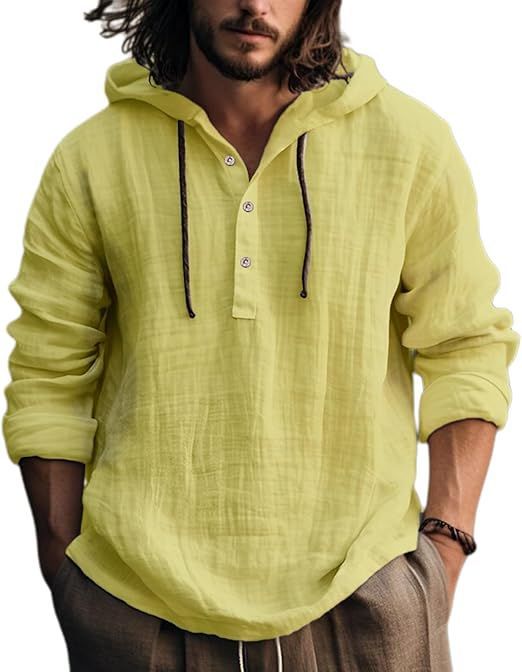 Hooded henley shirt, solid lemon yellow shirt, size 4XL