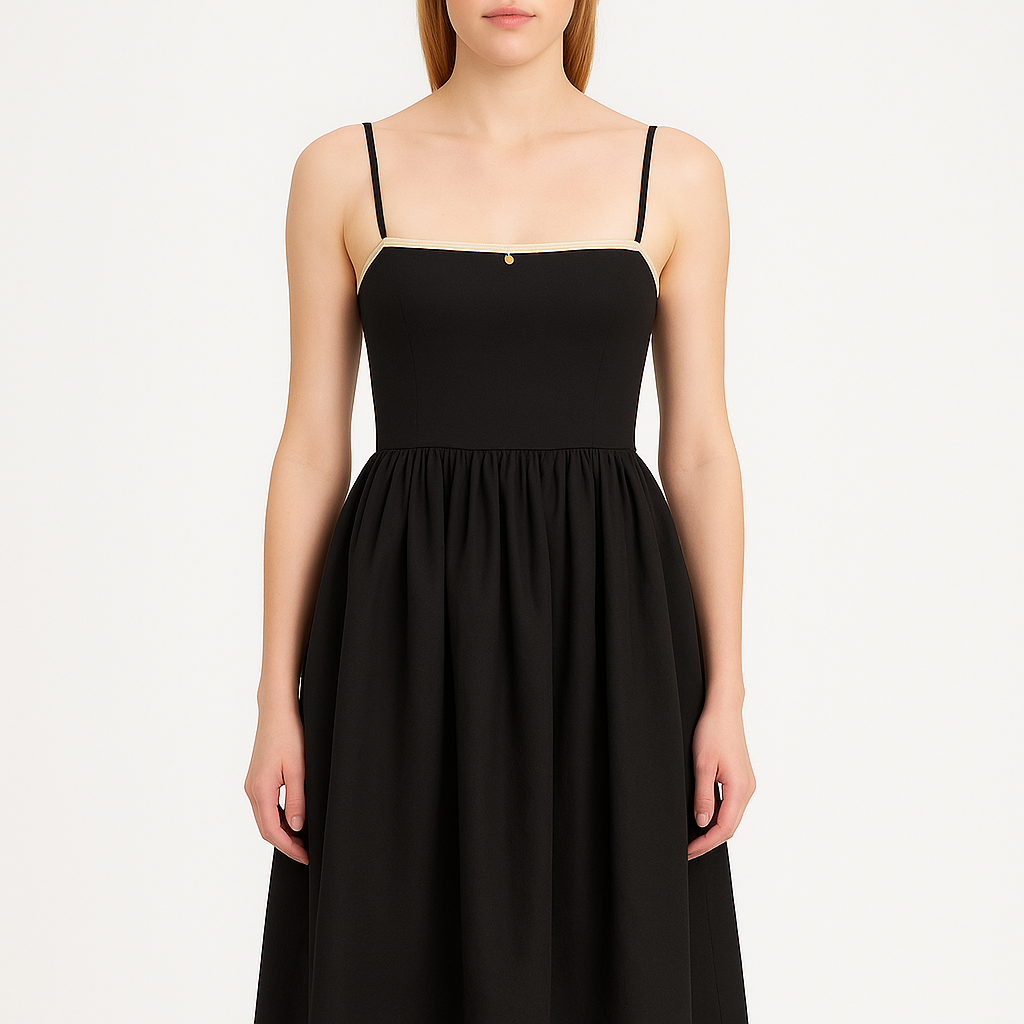 Black elegant dress in size S, front view showing the defined waist and draping skirt