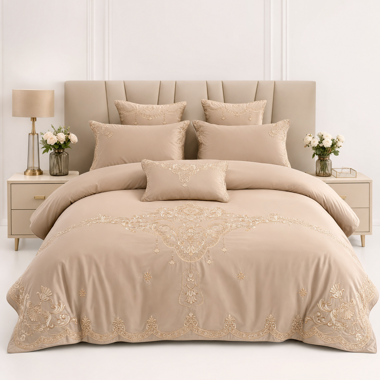 Two pillow shams arranged against tufted headboard
