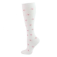 White knee-high compression sock with pink five-pointed flowers, size S/M, on a white background