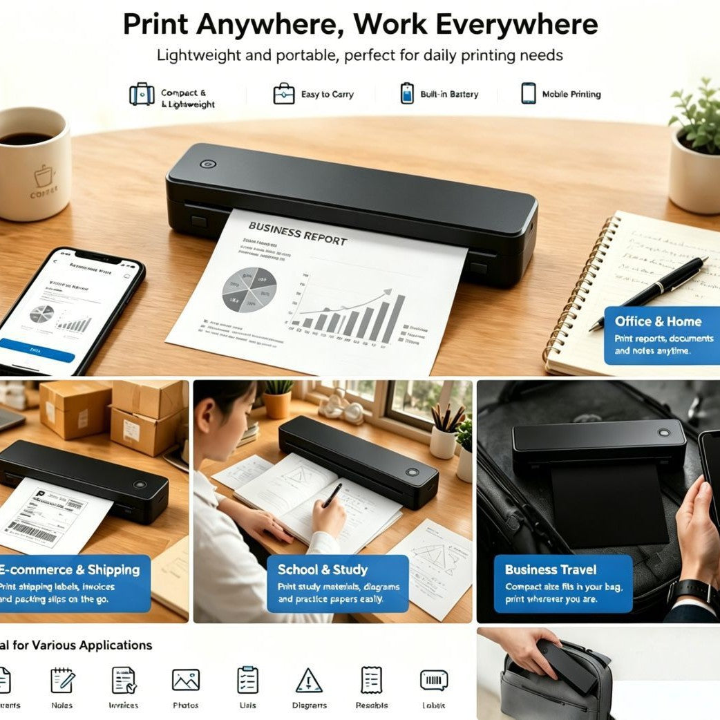 Black A55 thermal printer on a wooden desk feeding a printed A4 report sheet, next to a phone and a coffee mug