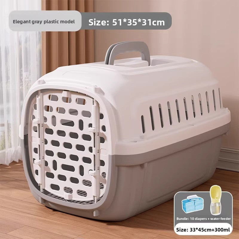 Stacked pet travel crates showing the rigid shape of the hard plastic shell