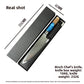 8in Damascus chef knife with blue resin handle lying in its black gift box with size markings