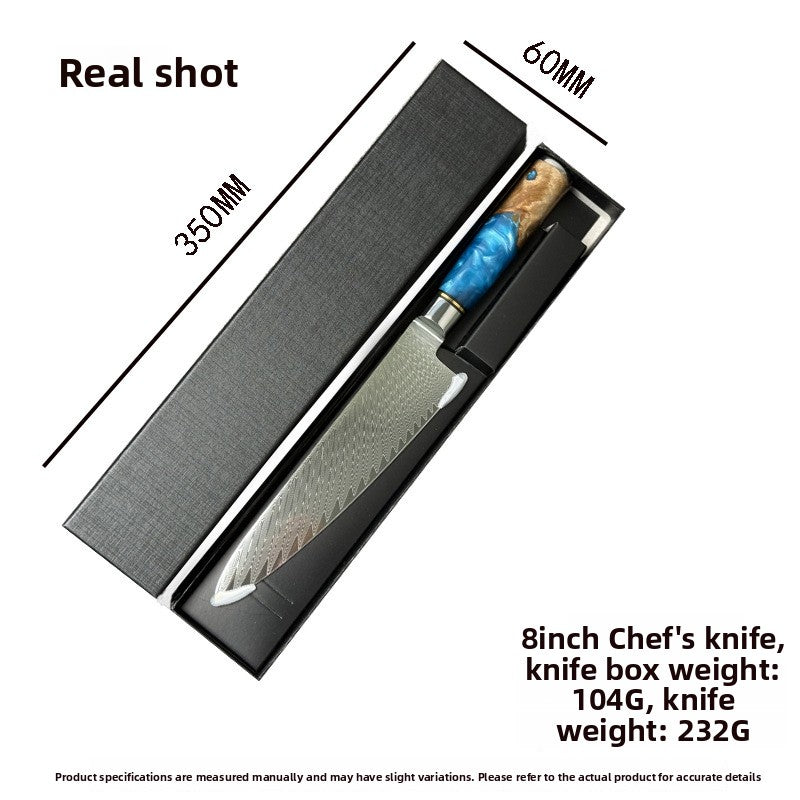 8in Damascus chef knife with blue resin handle lying in its black gift box with size markings