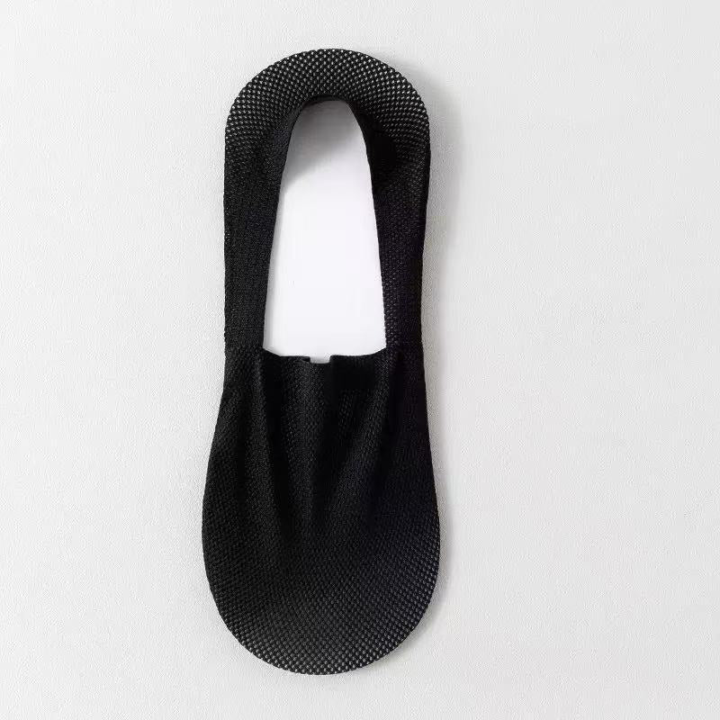Men's dark gray no-show sock stretched over a foot showing the thin summer knit