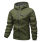 Army Green hooded zip jacket with drawstring hood, front zip and chest zip pocket, flat front view