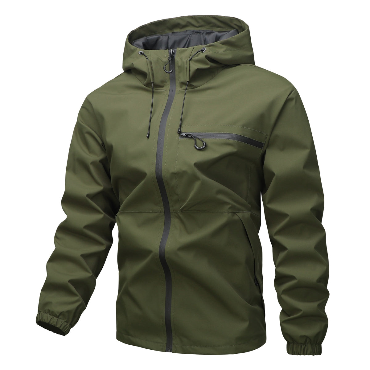 Army Green hooded zip jacket with drawstring hood, front zip and chest zip pocket, flat front view