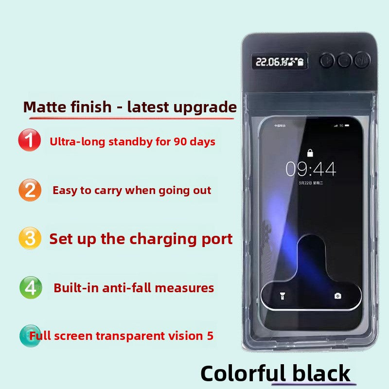 Transparent phone lock box charging over a USB C cable on a desk