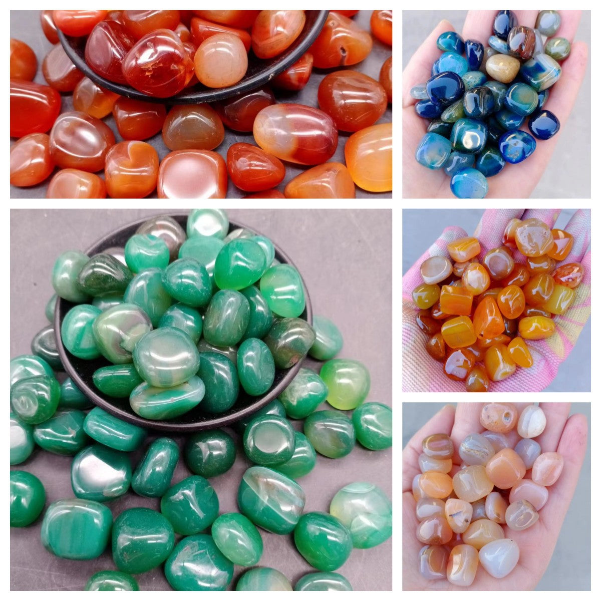 Yellow polished agate tumbled stones held in a hand for size reference