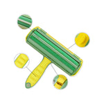 Yellow and green pet hair roller with a green cloth roller and zoomed circles on the lid latch, grip and release button
