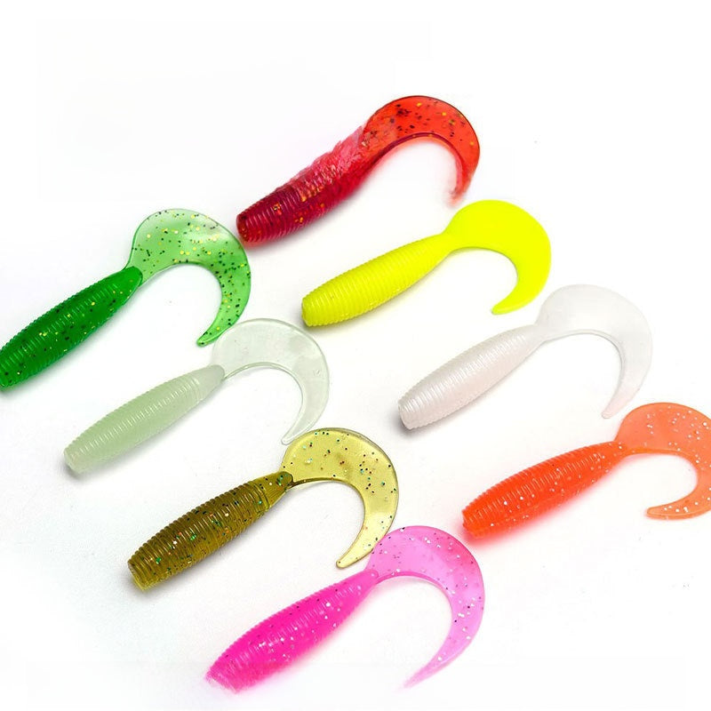Bulk pack of spiral tail soft plastic lures in several bright colours