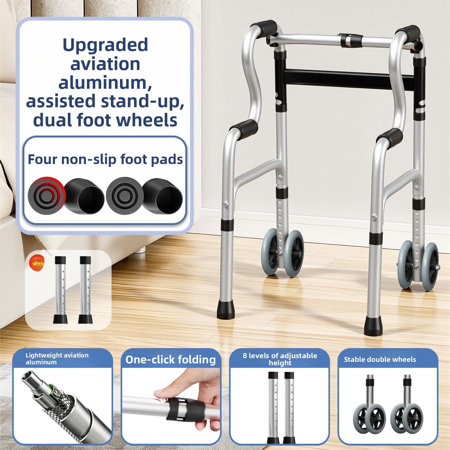 Aluminium walking frame, assist to stand build with paired front castors