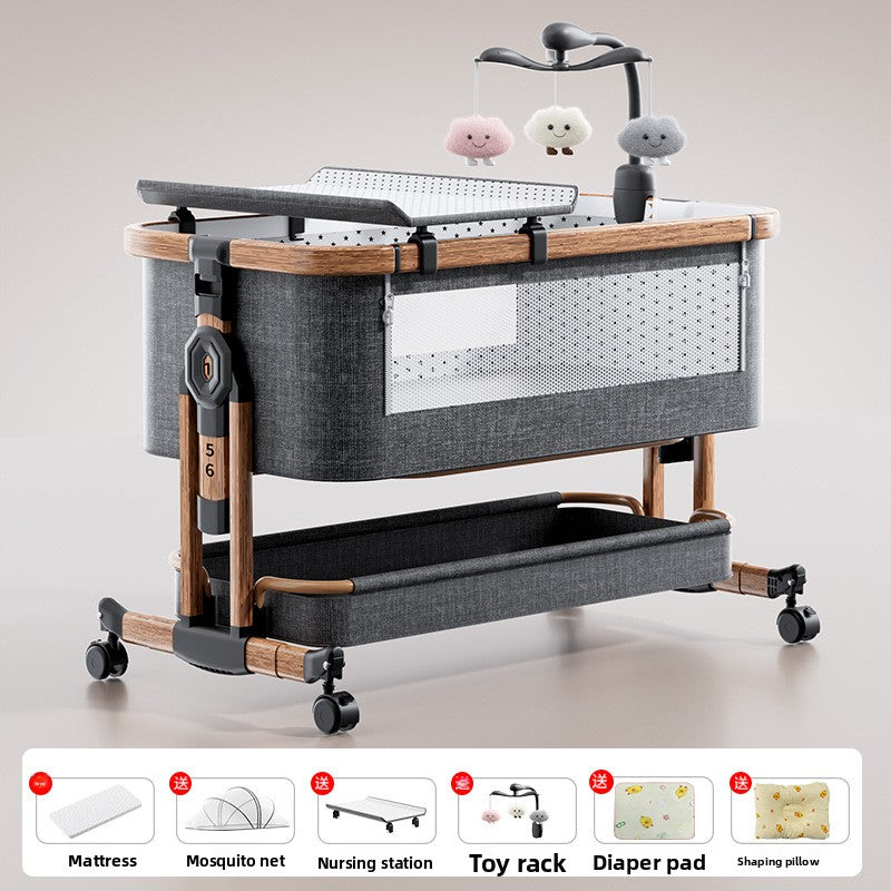 Gray baby crib with a nursing table and a hanging cloud mobile, Toy model shown, wood grain gray option