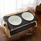 White double pet bowl stand with two white ceramic bowls on a black metal tray, 41.5 x 20 x 15.5 cm, White option
