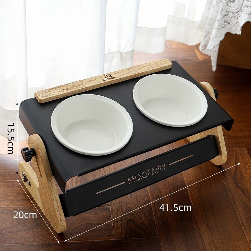 White double pet bowl stand with two white ceramic bowls on a black metal tray, 41.5 x 20 x 15.5 cm, White option