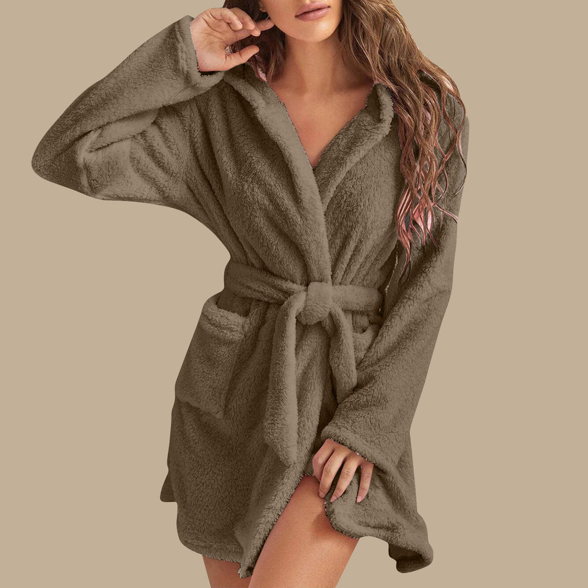 Coffee plush hooded fleece robe with tie belt, worn by a model, size 3XL option