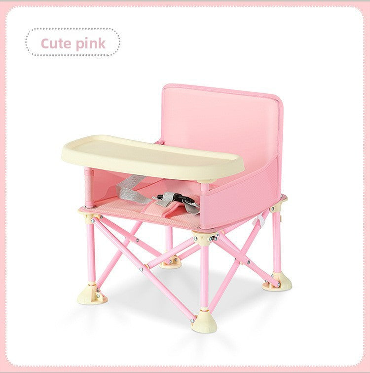 Pink folding baby feeding chair without canopy, cream tray and colour matched frame