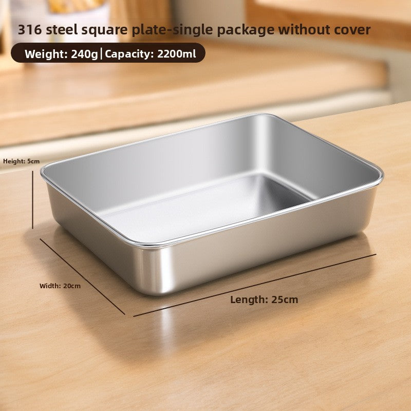 Single steel food tray without a lid, labelled 25 cm long, 20 cm wide and 5 cm high