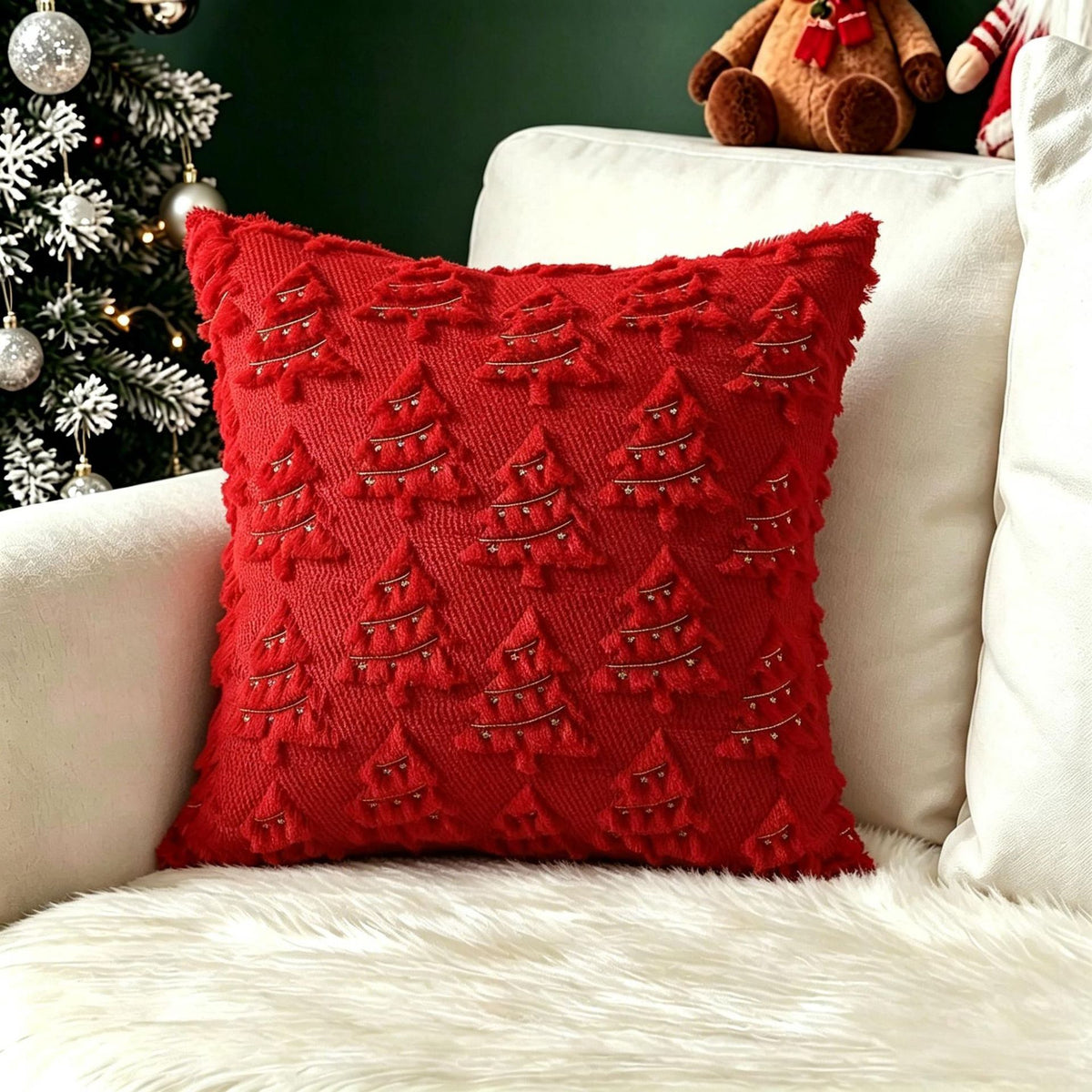 Plush carved cushion cover with gold flecked clovers on a deep green plush ground, view 33