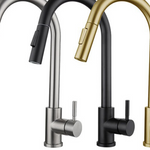 Four kitchen mixer spouts side by side in brushed steel, black, brushed gold and gunmetal finishes