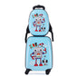 Lock latch and paired zip sliders on a children's cartoon suitcase