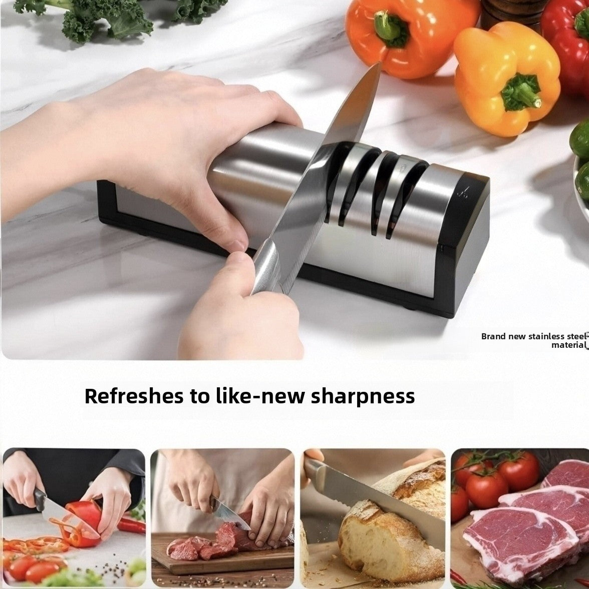 Stainless steel electric knife sharpener with coarse and fine slots, a chef knife drawn through