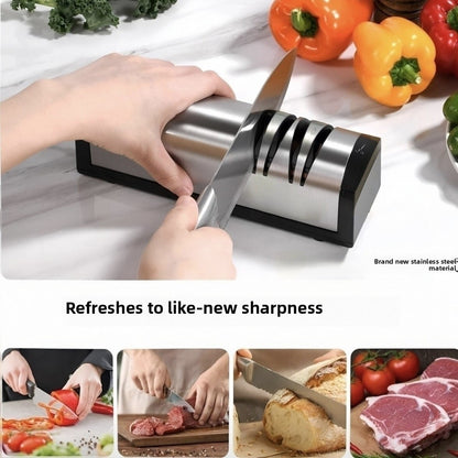 Stainless steel electric knife sharpener with coarse and fine slots, a chef knife drawn through