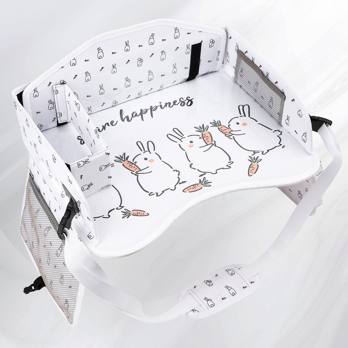 White Carrot Rabbit kids travel tray with printed top, divider box, mesh pocket and strap
