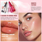 Lakerain lip plumper bottles with a six color guide, a glossy lip close up and a face with glossy lips