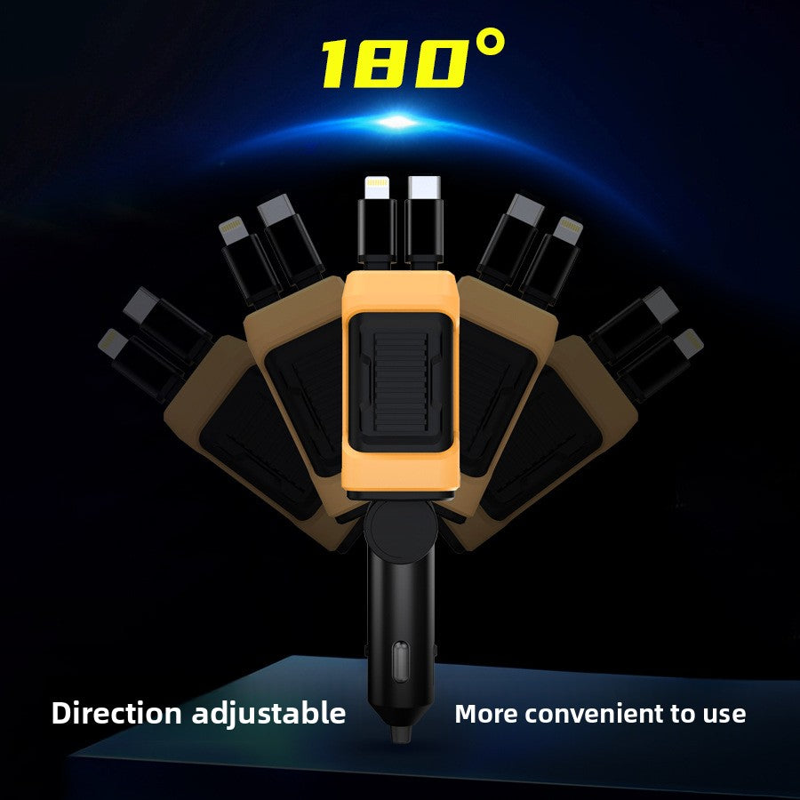 Car charger head shown turning on a 180 degree hinge with the retractable cables extended