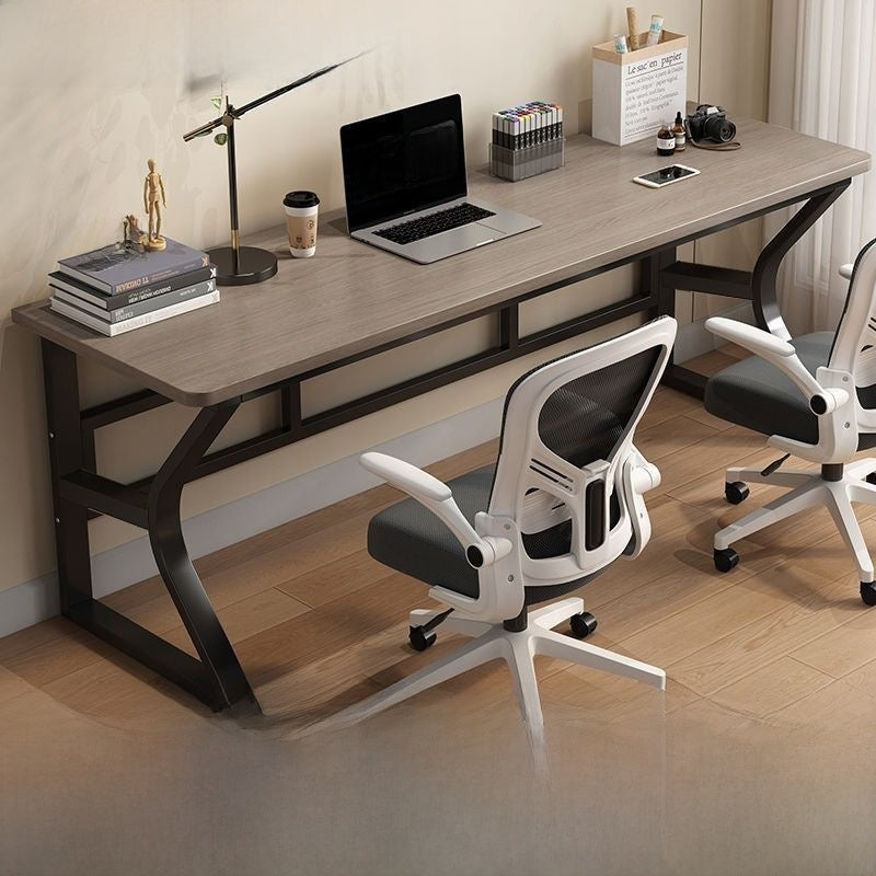Gray wood grain top desk with a black frame and a white chair, Black Frame Ironwood, 80x50x75cm