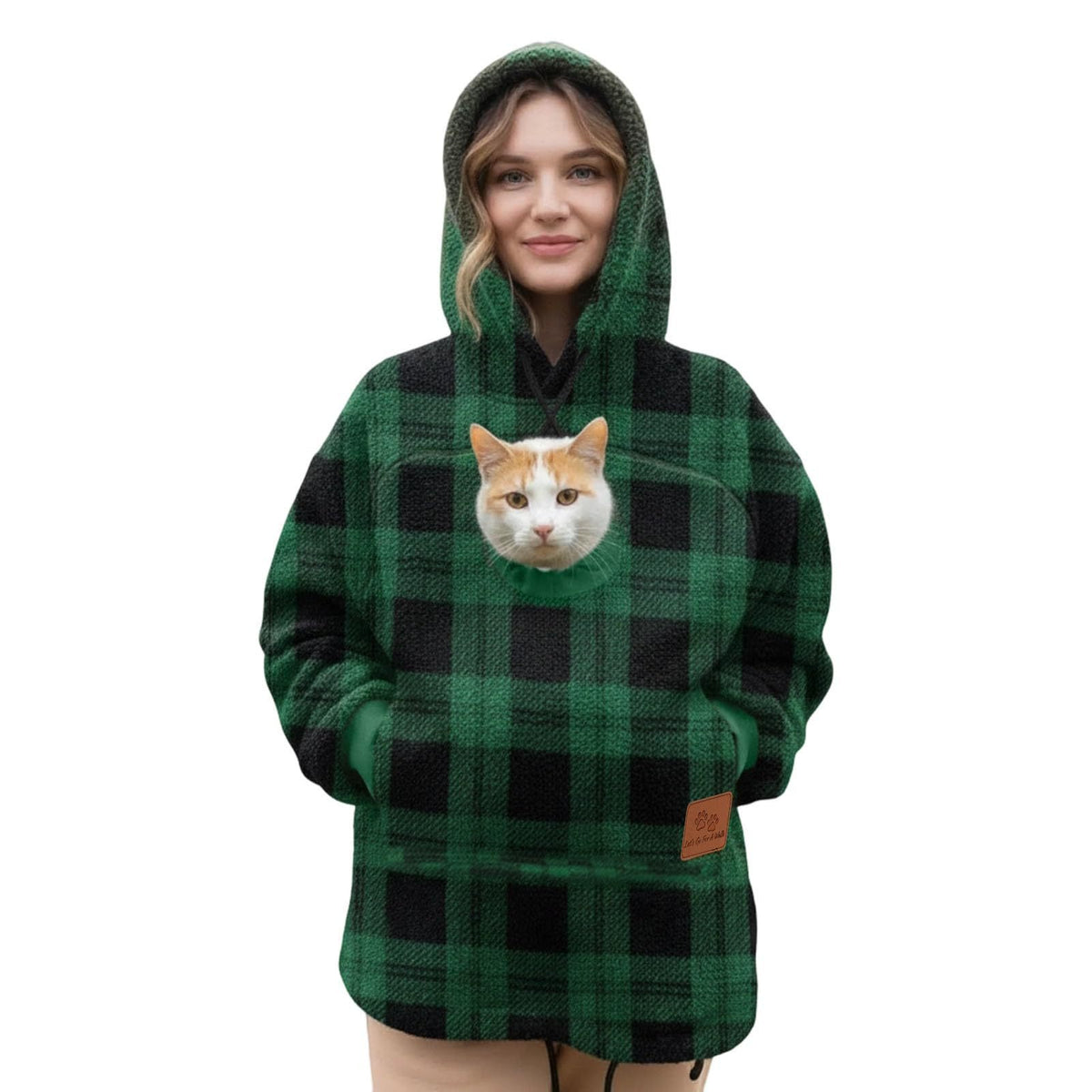 Green and black plaid lamb fleece hoodie with a cat in the chest pouch, studio front view, size 3XL option