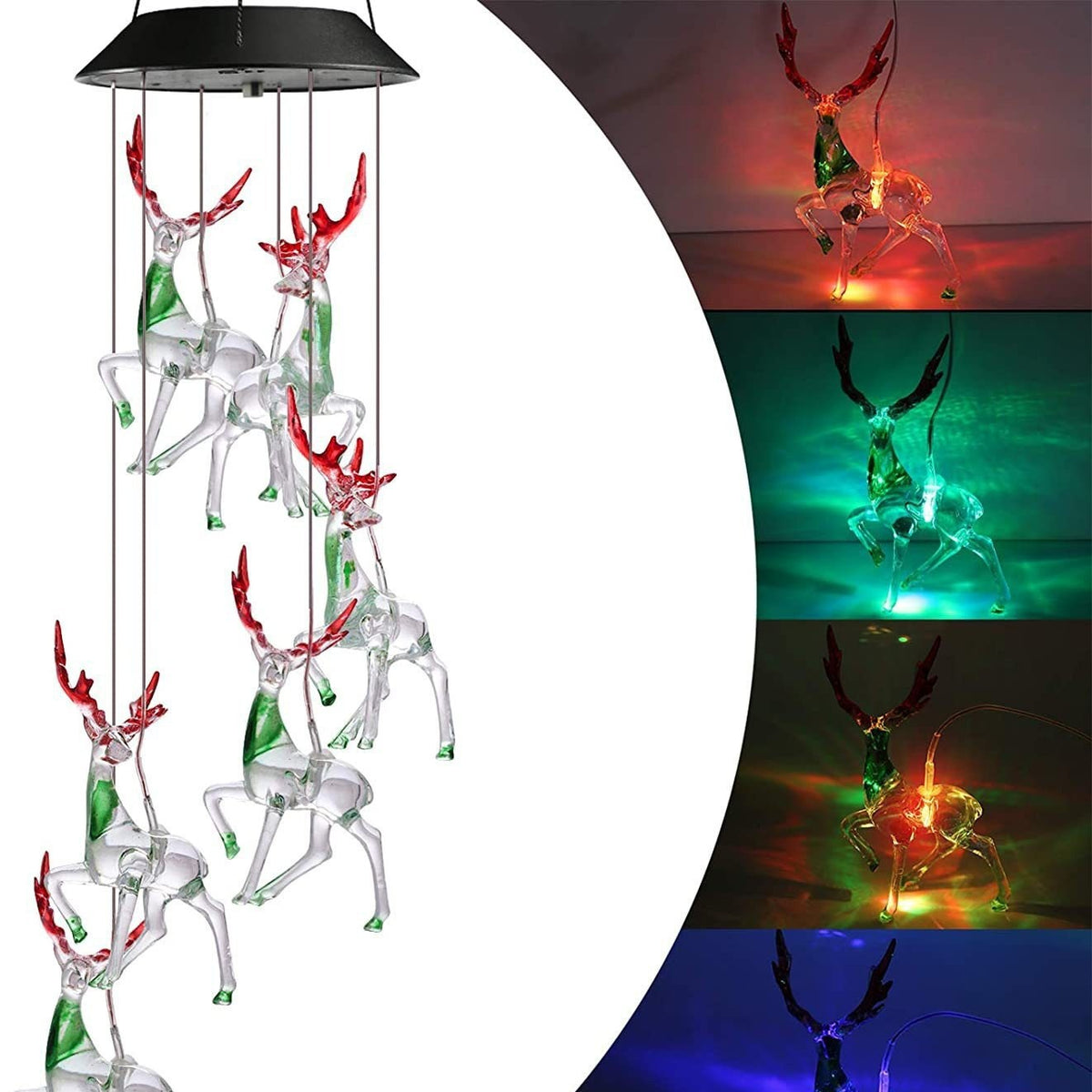 Clear reindeer LED figures with red antlers, glowing in several colors from a solar lamp head, red housing option