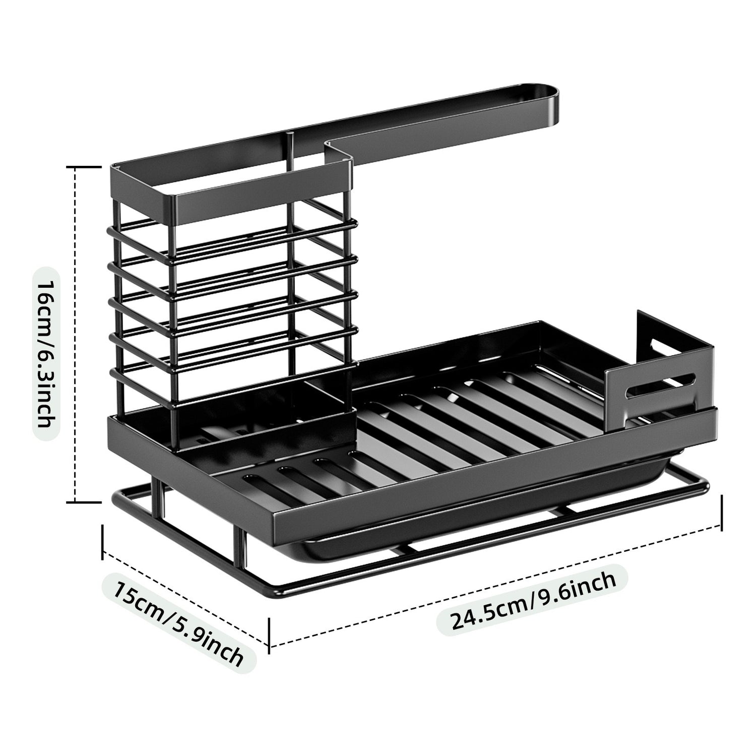 Black sink caddy with size labels reading 24.5 cm long, 15 cm deep and 16 cm tall