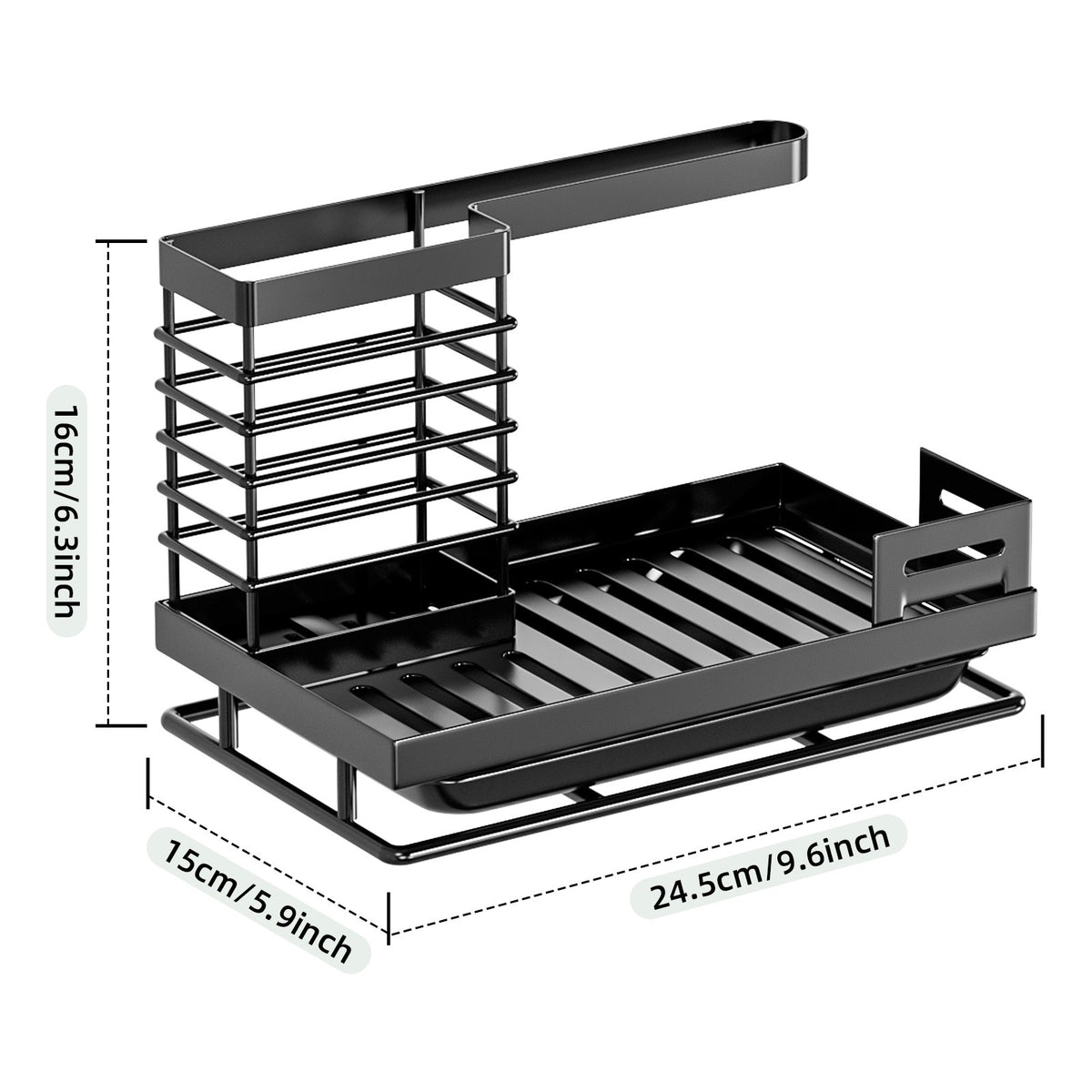 Black sink caddy with size labels reading 24.5 cm long, 15 cm deep and 16 cm tall