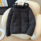 Padded winter puffer jacket with a detachable hood and two zippered front pockets