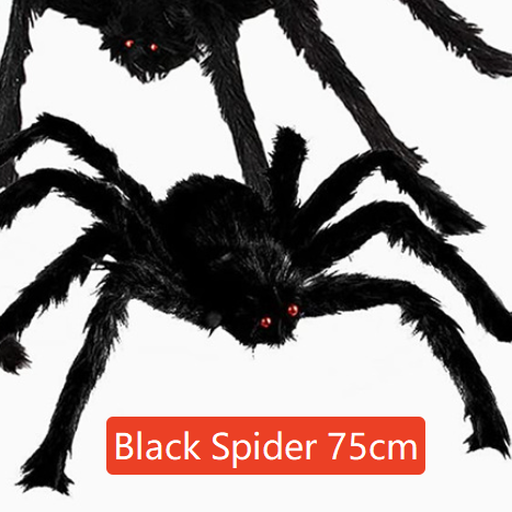 Hairy black Halloween spider prop with red eyes, flocked body and eight posable bendable legs