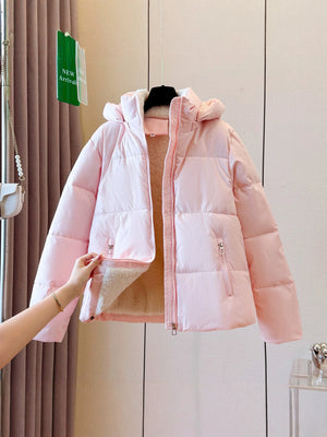 Short puffer jacket shown open to reveal the plush fleece lining and stand collar