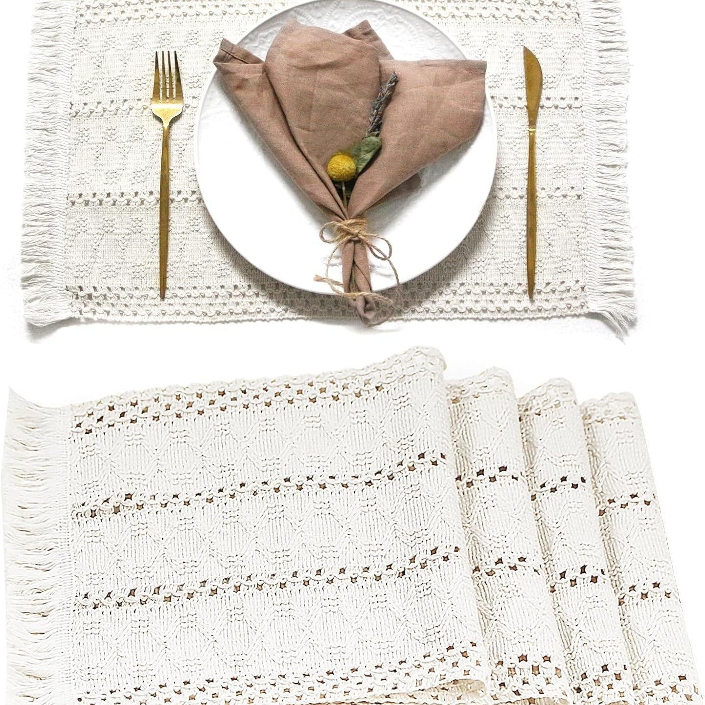Knitted colorblock striped placemat on a clean studio background