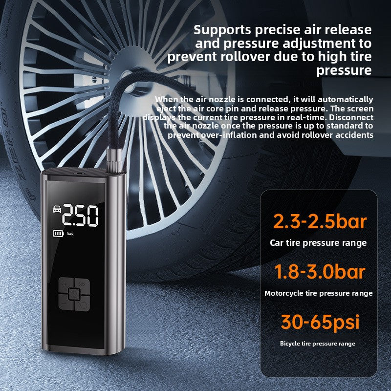Digital tire inflator held by a car wheel showing 2.50 bar on its screen with tire pressure notes