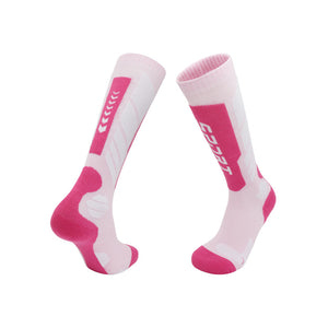 Knee high cushioned ski socks shown as a front and back pair on a white background