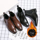 Two pairs of Chelsea boots, brown and black, on a checked flat lay showing the plush lining, flame icon Add cotton for warmth
