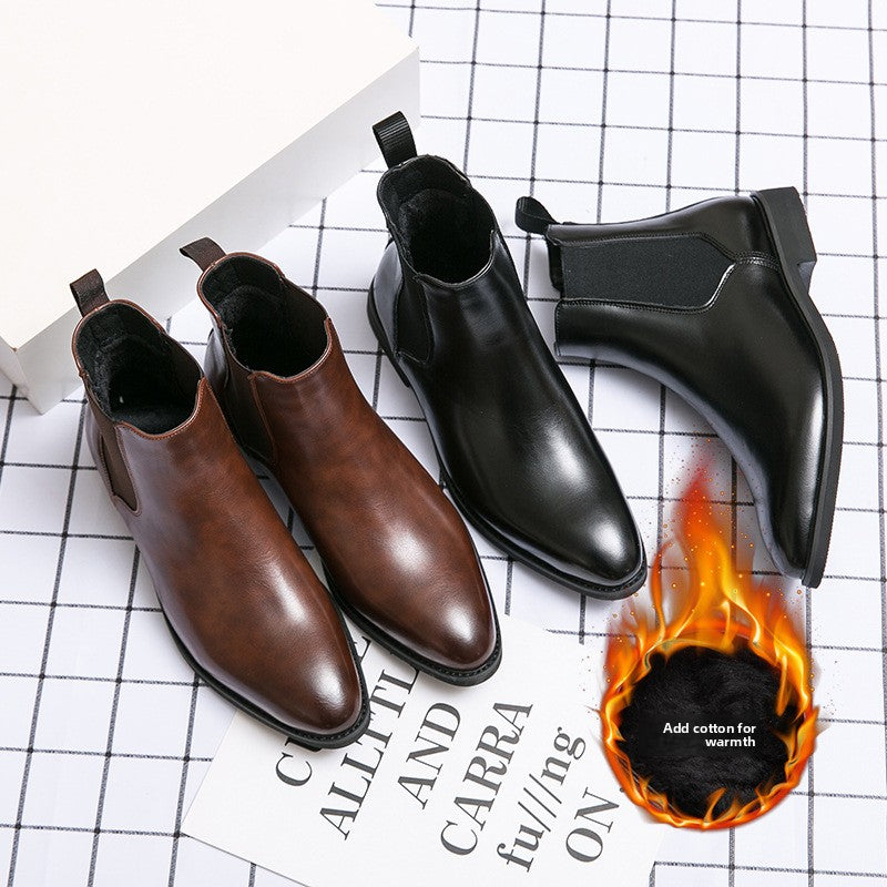 Two pairs of Chelsea boots, brown and black, on a checked flat lay showing the plush lining, flame icon Add cotton for warmth