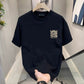 Black crew neck T-shirt with a cream Gong xi fa cai character print on the chest, option photo for size 5XL