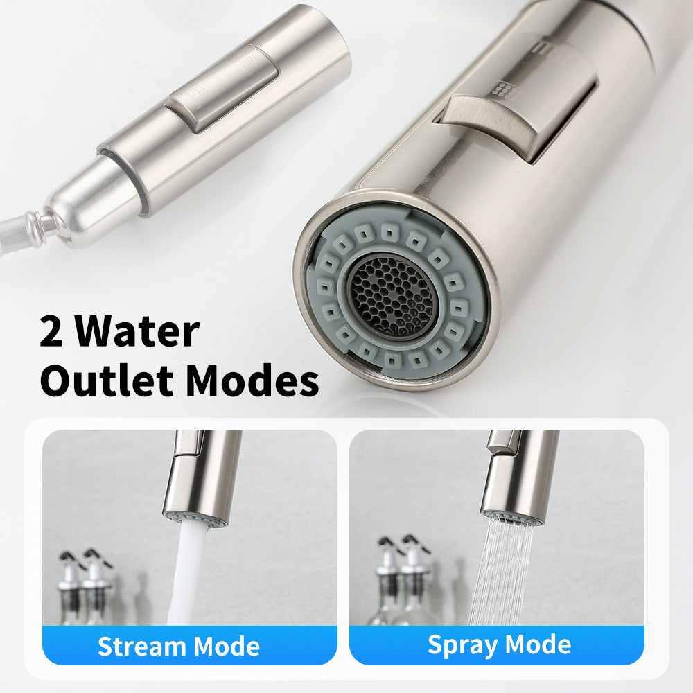 Maker panel showing the two outlet modes, straight column and wide spray, on the brushed spray head