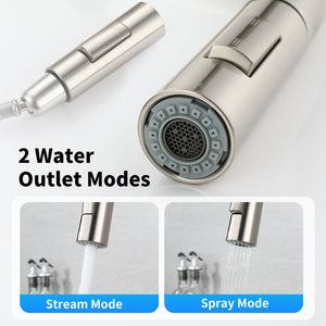 Maker panel showing the two outlet modes, straight column and wide spray, on the brushed spray head