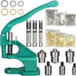 Hand crank grommet press with dies, punch pins, mallet, and silver and gold eyelets for leather